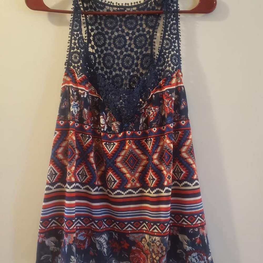 Womens new with tags belle du jour blue red designs summer shirt crochet trim